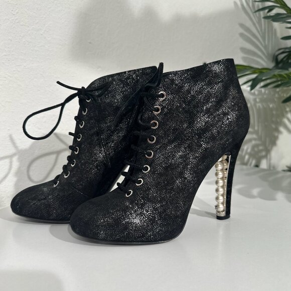 Chanel Pearl-Heel Lace-Up Booties in Black & Silver Suede Size 37 1/2 - Picture 1 of 13